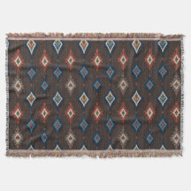 Boho Ikat Throw Blanket - Earthy Brown with Coral