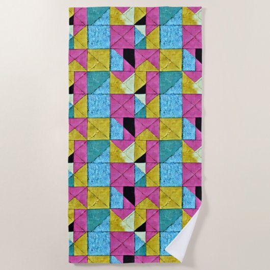 Boho Imitate Patchwork Quilt Rosa Gelb Blau Strandtuch (Vorderseite)