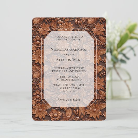 Boho Imitats Brown Leather Floral Wedding Einladung (Stehend Vorderseite)