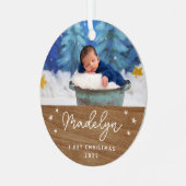 Boho Imitats Wood Baby's First Christmas Foto Ornament Aus Metall (Vorderseite links)