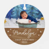 Boho Imitats Wood Baby's First Christmas Foto Ornament Aus Metall (Rückseite)