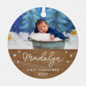 Boho Imitats Wood Baby's First Christmas Foto Ornament Aus Metall (Vorderseite)