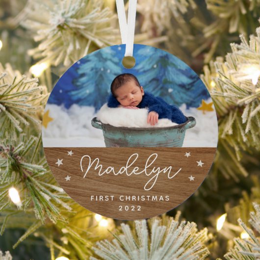 Boho Imitats Wood Baby's First Christmas Foto Ornament Aus Metall (InSitu)