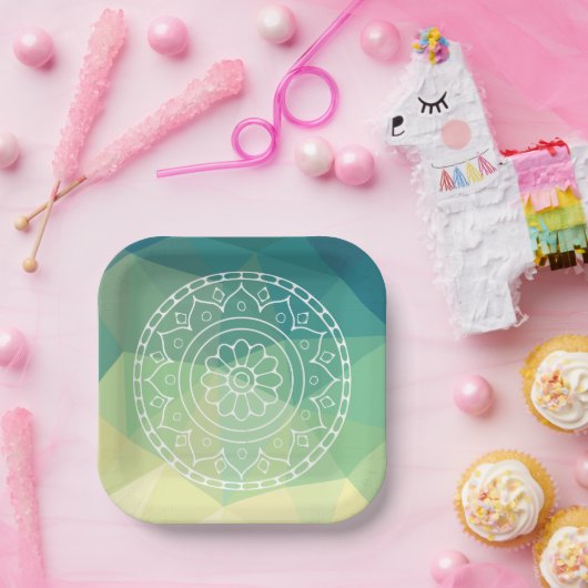 Boho india mandala Blume grün-gelb Design Pappteller (Party)