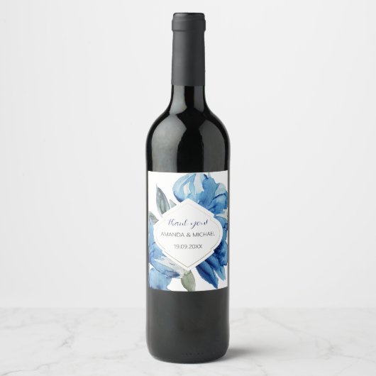 Boho Indigo Blue Abstrakt Floral Weinetikett (Vorderseite)
