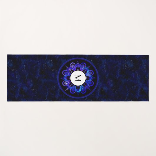 Boho Indigo Blue Universe Galaxy Mandala Monogram Yogamatte (Vorderseite (Horizontal))