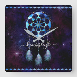 Boho Indigo Tribal Celestial Mandala Dreamcatcher Quadratische Wanduhr