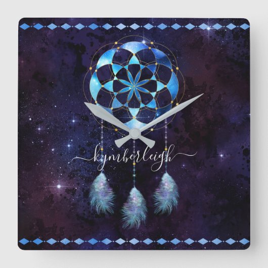 Boho Indigo Tribal Celestial Mandala Dreamcatcher Quadratische Wanduhr (Vorderseite)