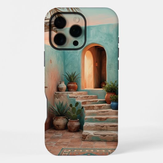 Boho iPhone 16 Pro Max Hülle | Moroccan Teal Trepp (Rückseite)