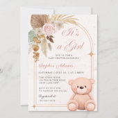 Boho It's a Girl Teddy Bear Pink Baby Shower Einladung (Vorderseite)
