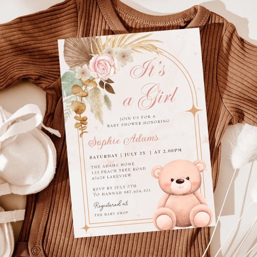 Boho It's a Girl Teddy Bear Pink Baby Shower Einladung