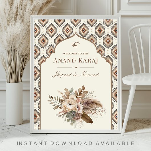 Boho Ivory Anand Karaj Sikh Wedding Welcome Sign Poster