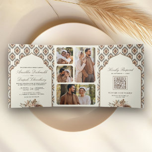 Boho Ivory Beige Ikat Foto Collage Indian Wedding Dreifach Gefaltete Einladung