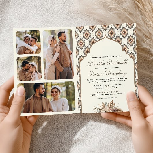 Boho Ivory Beige Ikat Foto Collage Indian Wedding Einladung