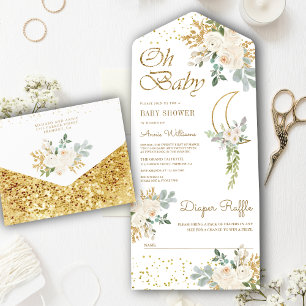Boho Ivory Blumen Gold Halbmond Baby Shower All In One Einladung