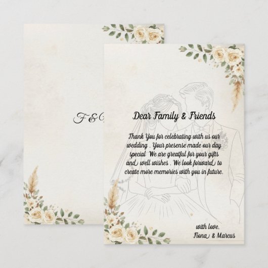 Boho Ivory Rose & Pampas Grass Wedding Dankeskarte (Vorne/Hinten)