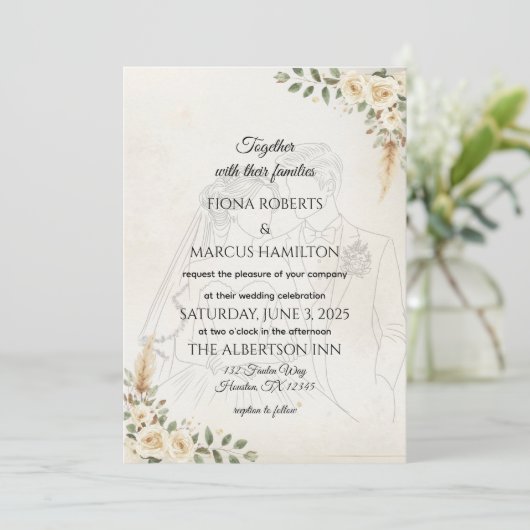 Boho Ivory Rose & Pampas Grass Wedding Save The Date (Stehend Vorderseite)