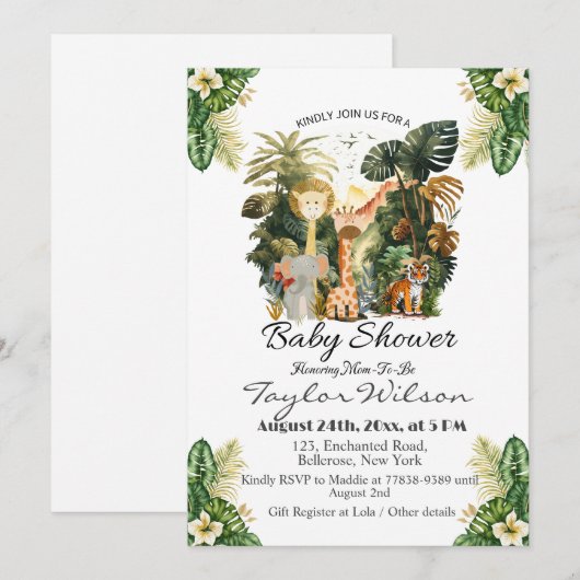 Boho Jungle Animals Babydusche Einladung (Vorne/Hinten)