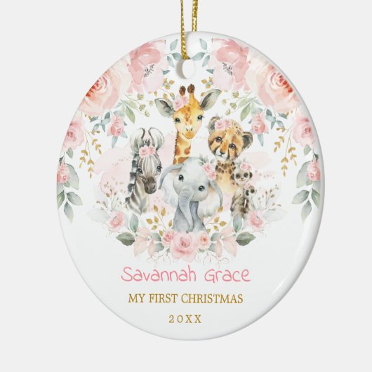 Boho Jungle Animals Pink Floral Baby 1. Weihnachte Keramik Ornament (Links)