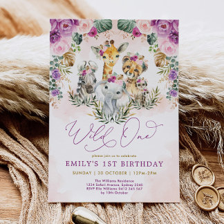 Boho Jungle Animals Wild One Girl 1. Geburtstag Einladung