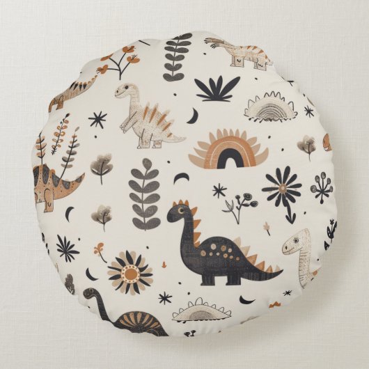 Boho Jungle Dinosaur Pattern Rundes Kissen (Rückseite)