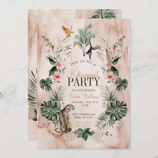 Boho Jungle Retirement Party Watercolor Einladung (Vorne/Hinten)