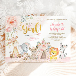 Boho Jungle Safari Blush Floral Girl Babydusche Einladung