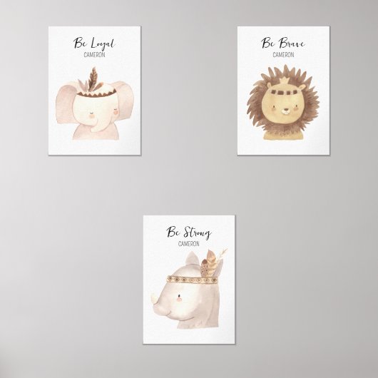 Boho Jungle Safari Tiere Personalisiertes Kinderzi Bilderwand Sets (Vorderseite)