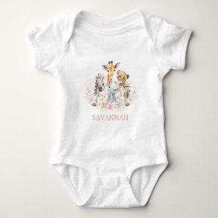 Boho Jungle Wild Animals Pink Floral Baby Girl Strampler