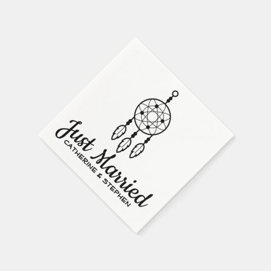 Boho Just Married Dream Catcher Wedding Black Serviette (Ecke)