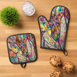 Boho Kaleidoskop - Natur Inspiriert Blumenstrauß - Ofenhandschuh & Topflappen-Set