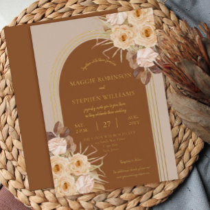 Boho Karamell-Rosen Getrocknete Gräser Hochzeit Folieneinladung