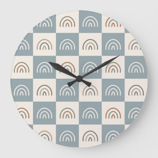 Boho Kariertes Regenbogen Minimalistisches Muster Große Wanduhr (Vorderseite)
