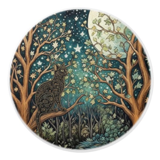 Boho-Katze Sternenhimmel Waldlandschaft Keramikknauf (Vorderseite)