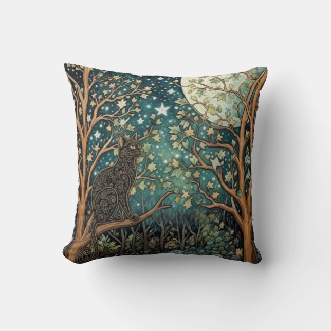 Boho-Katze Sternenhimmel Waldlandschaft Kissen (Vorderseite)