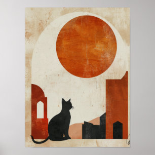 Boho-Katzen-Silhouette Abstrakte Sonne Minimalis Poster