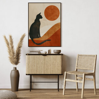 Boho-Katzen-Silhouette | Sonnenuntergang Abstrakte Leinwanddruck