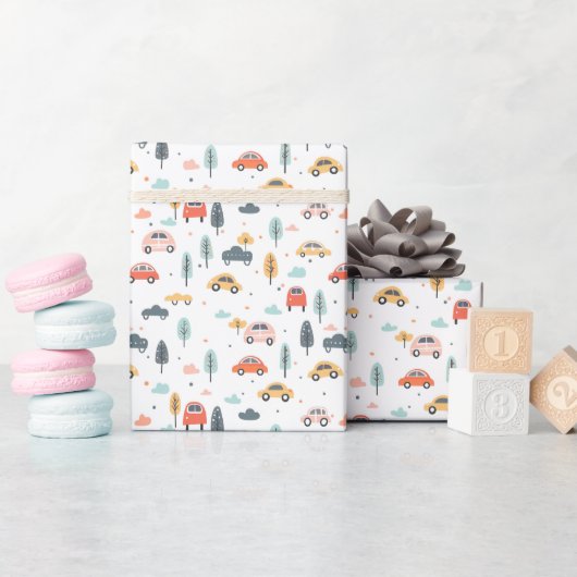 Boho Kids Cars, Trees & Clouds Muster Geschenkpapier (Babyparty)