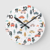 Boho Kids Cars, Trees & Clouds Pattern Kinderzimme Runde Wanduhr (Vorderseite)