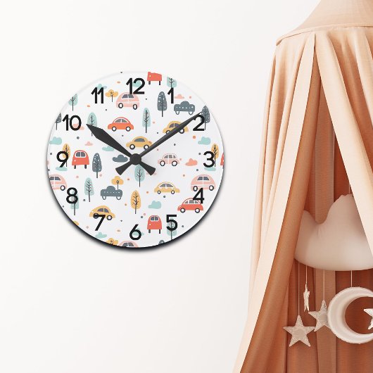 Boho Kids Cars, Trees & Clouds Pattern Kinderzimme Runde Wanduhr