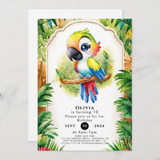 Boho Kids Parrot Birthday Einladung (Vorne/Hinten)