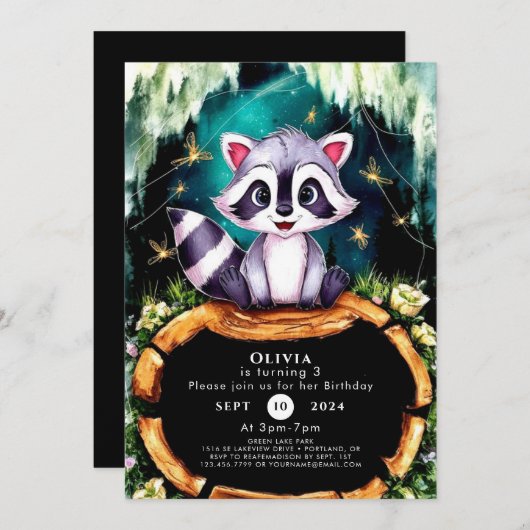 Boho Kids Raccoon Geburtstag Einladung (Vorne/Hinten)