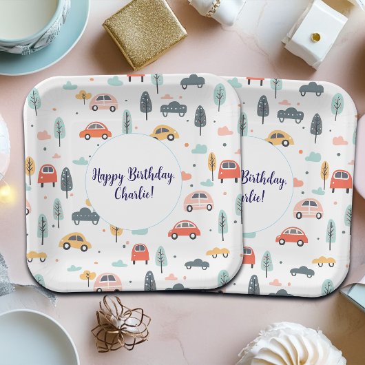 Boho Kinderwagen, Bäume & Wolken Muster Geburtstag Pappteller