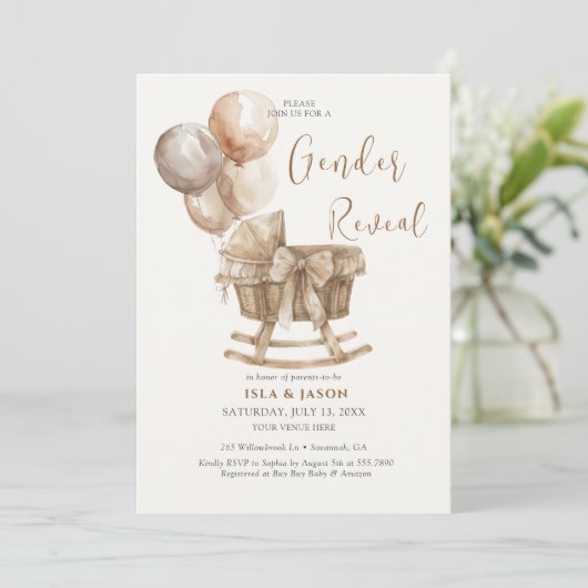 Boho Kinderzimmer Beige Balloons Gender Reveal Einladung (Stehend Vorderseite)