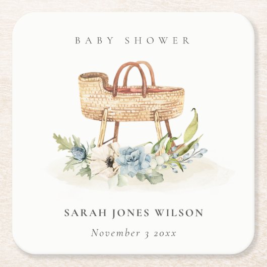 Boho Kinderzimmer Blue Floral Bassinet Baby Dusche Rechteckiger Pappuntersetzer (Vorderseite)