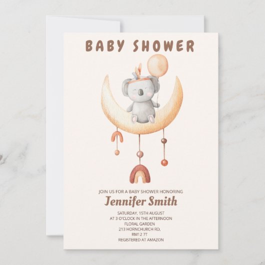 Boho Kinderzimmer, mobil, kleine Koala Babydusche Einladung (Vorderseite)