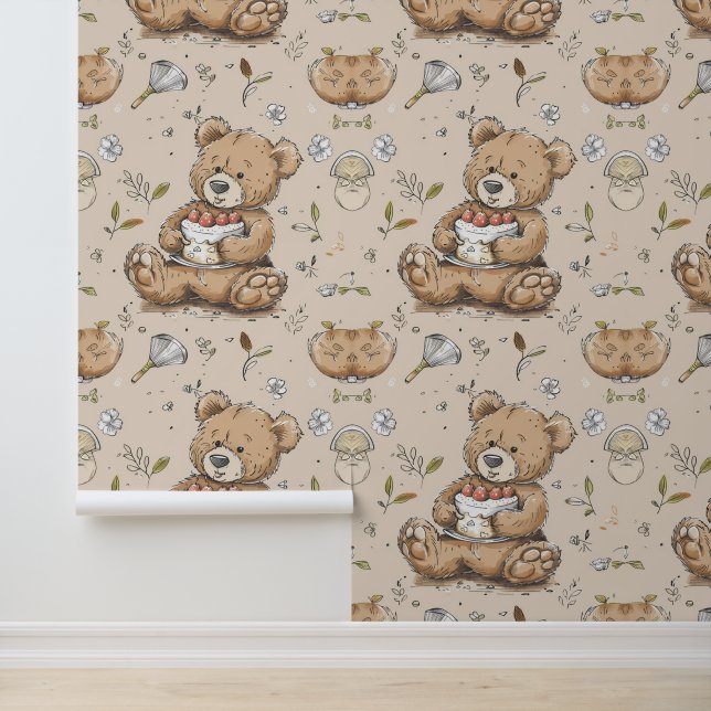 Boho Kinderzimmer Teddy Bear mit Cake Tapete (Anwendung)