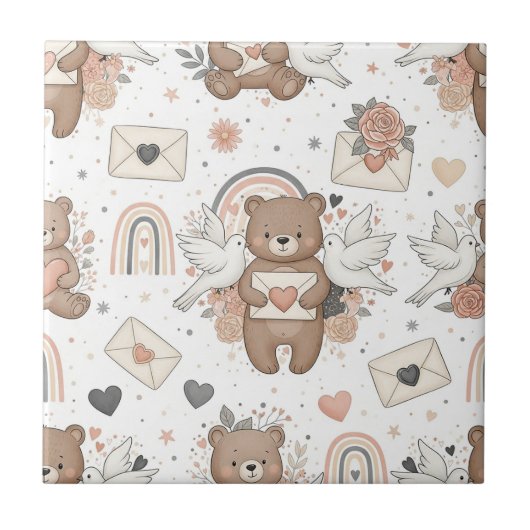 Boho-Kinderzimmer-Teddybären mit Regenbögen - Erdi Fliese (Vorderseite)