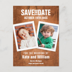Boho-Kindheitsfotos Vintage-Holz Save the Date Ankündigungspostkarte