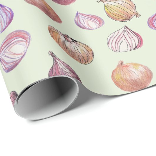 Boho Kitchen Onions Hand-Illustriert Sage Veggie Geschenkpapier (Rolleneckpunkt)